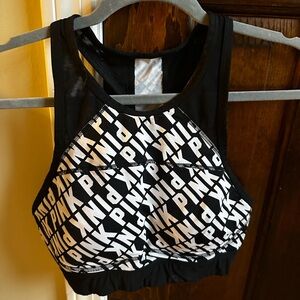 PINK Victoria's Secret Black & White High-Neck Logo Sports Bralette